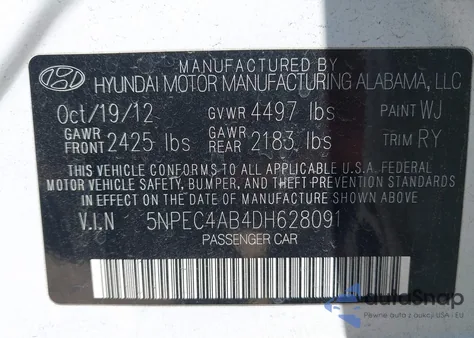 2013 Hyundai Sonata Se/Limited z USA, uszkodzony, nr VIN 5NPEC4AB4DH628091